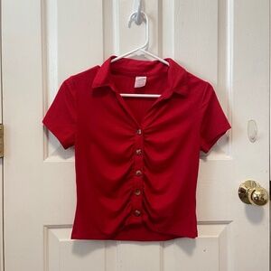 Red Ruched Collared Shirt